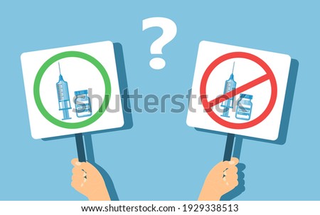 Two hands are holding two tablets with syringe and vaccine vial icons in a green circle and in a forbidding red circle. Choice of Yes or No to vaccination. Vector illustration.
