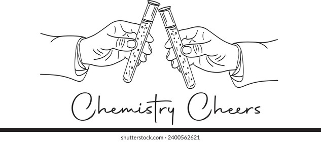Two hands holding test tubes in a sketch drawing illustration, Laboratory scene with two hands clinking test tubes in a sketch, Cartoon sketch of a scientist celebrating experiment success