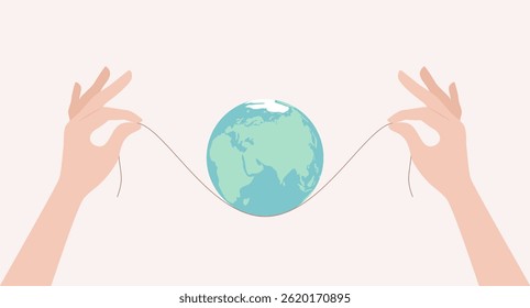 Two hands holding thread with Earth globe on it. Flat vector illustration