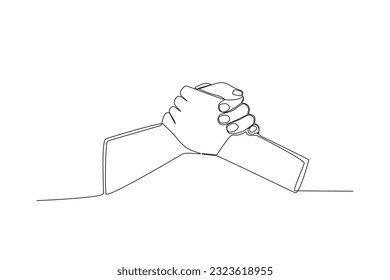Two hands holding tightly help each other. World humanitarian day one-line drawing