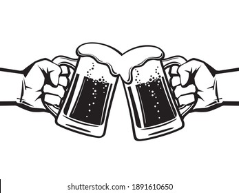 Two hands holding toasting beer mugs, Cheers. Clinking glass tankards full of beer and foam. Black and white retro style vector illustration isolated on white background.