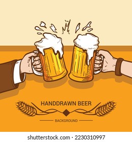 Two hands holding toasting beer mugs and hop cone. Cheers. Clinking glass tankards full of beer and foam. hand drawn Vector illustration