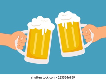 Two hands holding toasting beer mugs in flat design. Cheers beer.