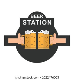 Two hands holding the toasting foamy beer glasses icon. Cheers beer in festival vector illustration