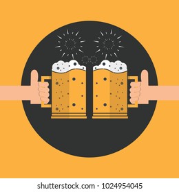 Two hands holding the toasting foamy beer glasses icon. Cheers beer in festival vector illustration