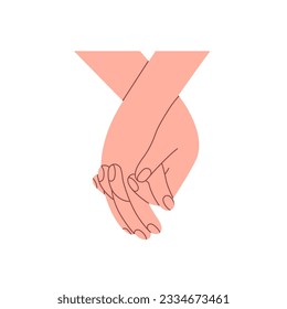 Dos manos juntas. Pareja en relación romántica, familia. Dedos interbloqueados de San Valentín, compañeros de amor. Concepto de afecto. Ilustración vectorial gráfica plana aislada en fondo blanco