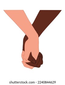 Two hands holding together. Human fingers, couple palms touching, gesturing, heart shape. Support, love relationship concept. Flat colored outline vector illustrations isolated on white background.