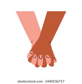 Two hands holding together. Love couple, diverse interracial valentine partners. Romantic relationship, togetherness, partnership concept. Flat vector illustration isolated on white background