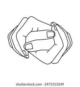 Dos manos juntas. Manos de amantes. Dedos humanos, palmas tocando, gesticulando. Asistencia, concepto de relación amorosa. Ilustración vectorial gráfica de dibujo de línea aislada sobre fondo blanco