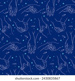 Dos manos juntas. Contorne el patrón sin fisuras. Concepto de amor. Manos masculinas y femeninas de personas en relación. Diseño de impresión único para textil, papel pintado, envoltura