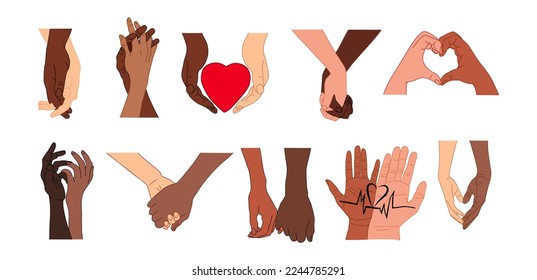 Two hands holding together set. Human fingers, couple palms touching, gesturing, heart shape. Support, love relationship concept. Flat colored outline vector illustration isolated on white background.