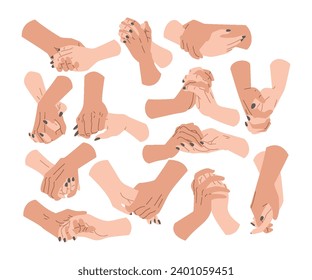 Two hands holding together set collection, allyship or friendship to support a world with more solidarity, equal justice and opportunity, collaboration, racial equality, diversity romantic hands.