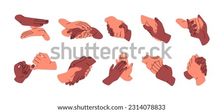Two hands holding together, touching with love, support, care. Interracial friendship, trust, partnership, warm relationship concept. Flat graphic vector illustrations isolated on white background