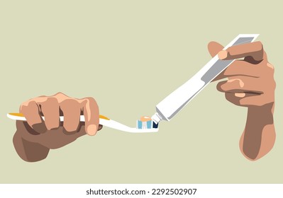 Two hands holding toothbrush and toothpaste isolated on empty background