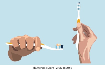 Two hands holding toothpaste brushes on blue background.