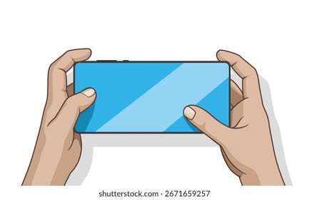 Two Hands Holding and Touching Handphone Screen, vector illustration isolated on white background, eps