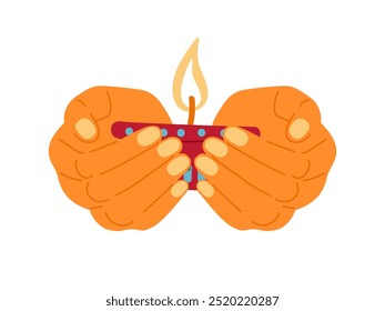 Two hands holding traditional Indian oil lamp. Festival Diwali, Deepavali lantern with wick burning fire flame. Flat vector illustration isolated on white. Design for card, invitation, flyer, poster