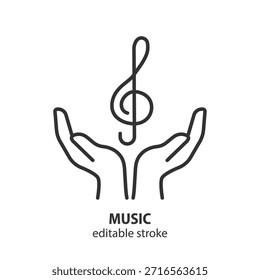 Dos manos sosteniendo un icono de línea de clave de agudos. Manos dando gesto con el símbolo de la música. Ilustración vectorial. Trazo editable.
