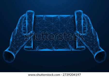 Two hands are holding an unfolded scroll. The concept of information transfer, writing, knowledge preservation and transformation of traditional media into a digital technological environment.