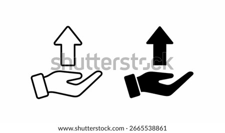 Two hands holding upward arrows, one outlined, one solid.