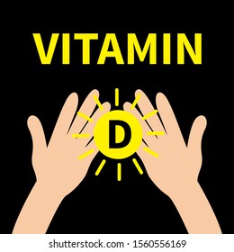 Two hands holding Vitamin D sun shape. Capsule pill icon. Yellow color. Healthy lifestyle diet concept. Fish oil supplements. Flat design. Black background. Isolated. Vector illustration.
