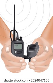 Duas mãos segurando um walkie talkie com ondas de sinal emanando da antena