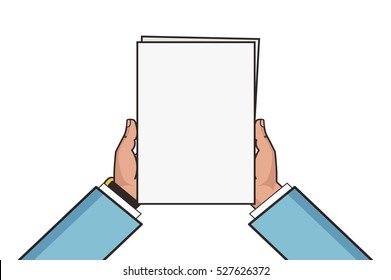 Two hands holding white blank sheet. Flat style modern design vector illustration on white background.