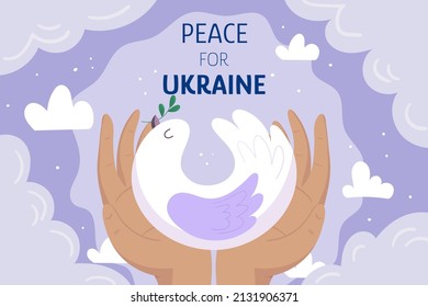 Two hands holding  white pigeon, dove on light purple background with clouds. Peace for Ukraine concept illustration. Ukrainian-russian military crisis.