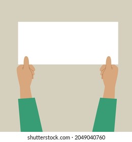 Two hands holding a white sheet. Concept for notice, display, contract notice, announce, postcard, gesture, no list. Vector illustration