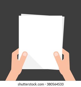 two hands holding white sheet. concept of notice, display, contract notify, announce, postcard, gesture, without list, tag, placard. flat style modern design vector illustration on black background