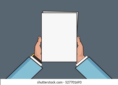 two hands holding white sheet. Letter mockup illustration. Flat line style design. Vector illustration on gray background.