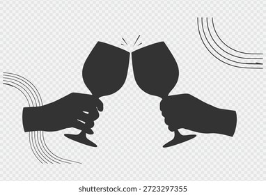 Two hands holding wine glasses clinking together in a celebratory toast, symbolizing friendship, love, and joy, with a transparent background and decorative lines.