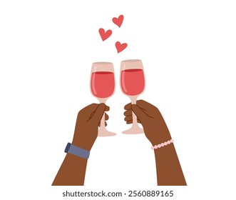 Two hands holding wineglasses isolated on white. Concept of love, valentine day, date, friendship, romance. Vector hand drawn clipart.