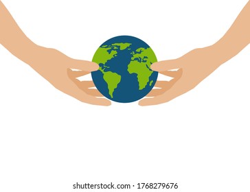 There’re two hands holding a world global warmly. The globe is fresh green and blue. Concept about earth, world, environmental, people, planet and etc.