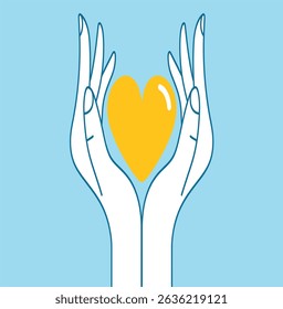 Two hands holding a yellow heart with love.
