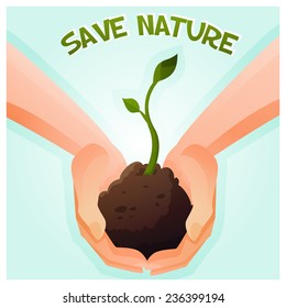 Two hands holding a young green plant. Vector Illustration