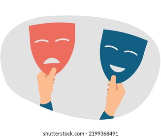 Two Hands Holds Happy And Sad Masks. Person Suffers From Split Dual Personality Disorder. Illustration Of Schizophrenia. Bipolar And Duality, Psychology, Mood Swings Concept. Vector Illustration