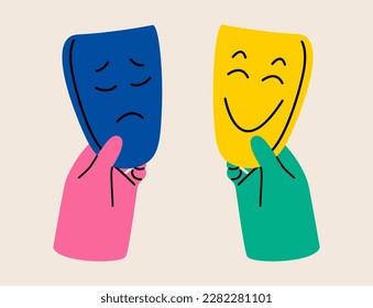 Two hands holds happy and sad masks. Bipolar and duality, psychology, mood swings concept. Colorful vector illustration