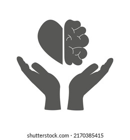 Two hands holds heart and brain. Balance of mind and feelings concept. Flat vector illustration