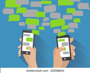 Two hands holing black smartphones with blank speech bubbles for text. Text messaging flat design concept. Eps 10 vector illustration