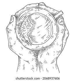 Two hands hugging a cup of coffee. Top view. Vintage black vector engraving illustration isolated on white background