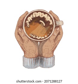 Two hands hugging a cup of coffee. Top view. Vintage vector hatching color illustration isolated on white background