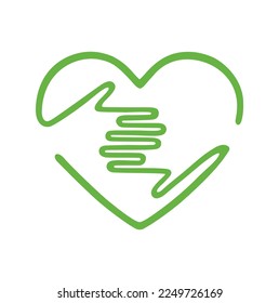 Two hands hugging green heart.Hand embrace heart shape icon sign.Love symbol.Huggies.Hug me.Vector outline silhouette drawing.Logo.Print.Plotter laser cutting.Cricut cut.Concept idea of donation,help