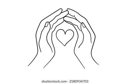 Two hands hugging a heart, continuous line drawing isolated on white background. Charity, help, humanity, orphanhood. Vector illustration