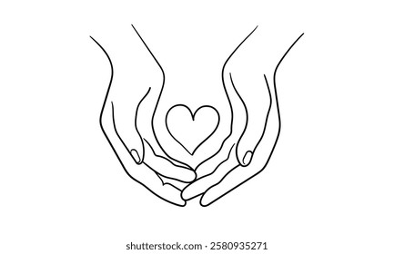 Two hands hugging a litlle heart, continuous line drawing isolated on white background. Charity, help, humanity, orphanhood. Vector illustration