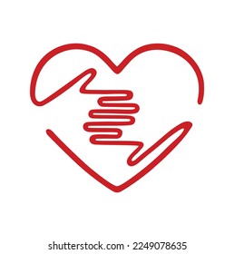 Two hands hugging red heart.Hand embrace heart shape icon sign.Love symbol.Huggies.Hug me.Vector outline silhouette drawing.Logo.Print.Plotter laser cutting. Cricut cut.Concept idea of donation,help.