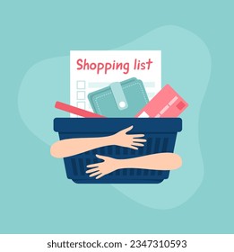 Two hands hugging a supermarket basket with a shopping list, a wallet and a credit card inside. Vector flat illustration