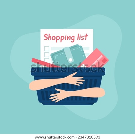Two hands hugging a supermarket basket with a shopping list, a wallet and a credit card inside. Vector flat illustration