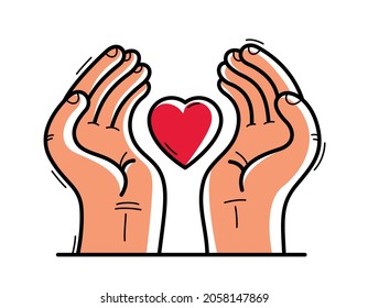 Two hands and human heart protecting and showing care vector flat style illustration isolated on white, cherish and defense for health concept, love security and safety.