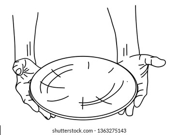 Two hands of hungry man hold(support) a white dish(plate) isolated white and top view.